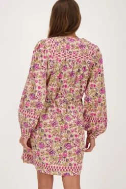 Robe Beige à Imprimé Fleuri Rose Et Vert