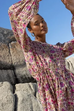 Robe Beige à Imprimé Fleuri Rose Et Vert
