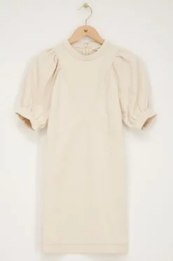 Robe Beige à Manches Bouffantes Et Aspect Lin