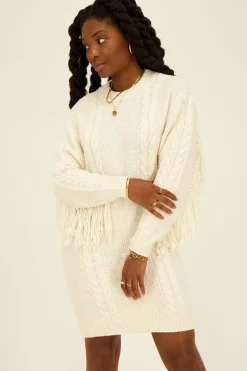 Robe Beige En Maille à Franges