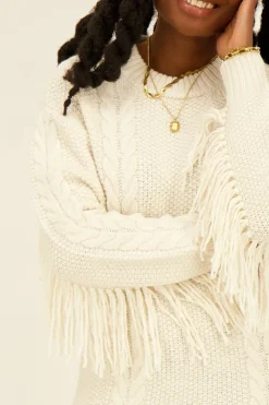 Robe Beige En Maille à Franges
