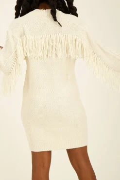 Robe Beige En Maille à Franges