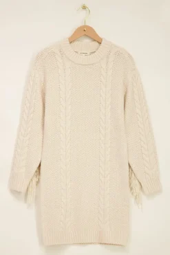 Robe Beige En Maille à Franges