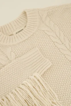 Robe Beige En Maille à Franges