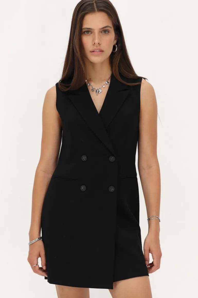 Robe Blazer Noire Sans Manches Avec Col à Revers