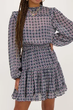 Robe Bleu Foncé à Volants Et Imprimé Fleuri