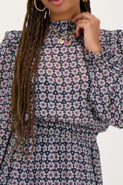 Robe Bleu Foncé à Volants Et Imprimé Fleuri