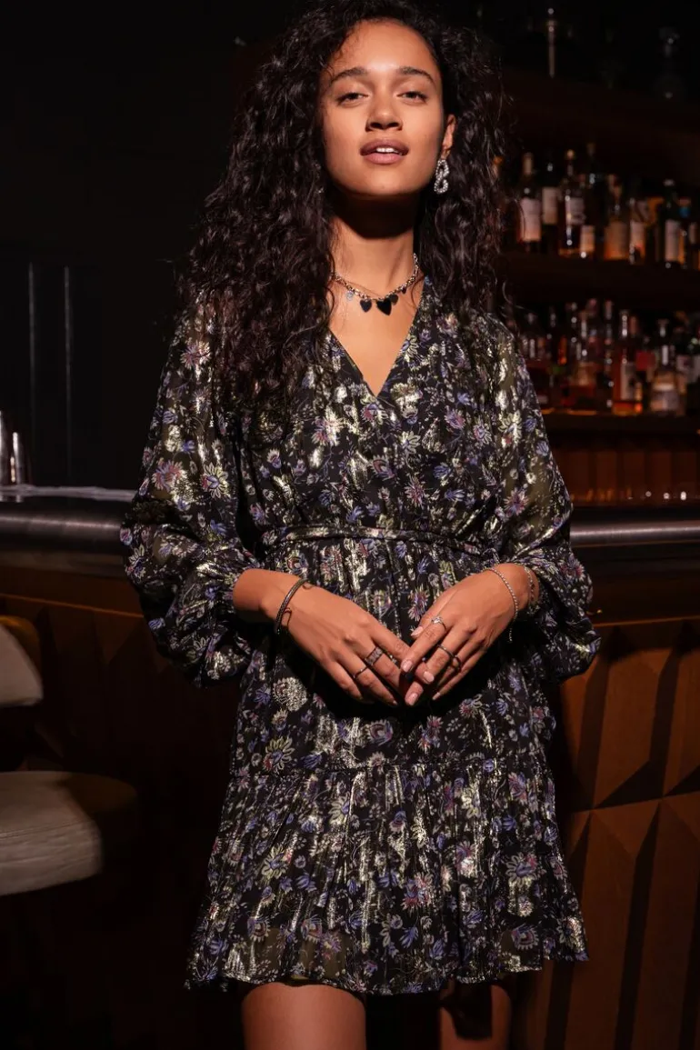 Robe En Jacquard Noir Avec Imprimé Doré