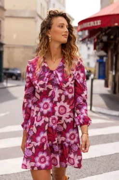 Robe Marron à Imprimé Floral Rose