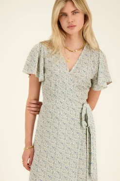 Robe Midi Blanche à Imprimé Floral Bleu