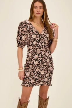 Robe Noire Et Beige Fleurie Col V