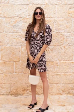 Robe Noire Et Beige Fleurie Col V