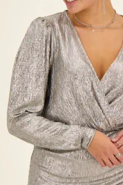 Robe Portefeuille Argentée Métallique à Manches Bouffantes