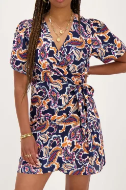 Robe Portefeuille Bleu Foncé à Imprimé Cachemire