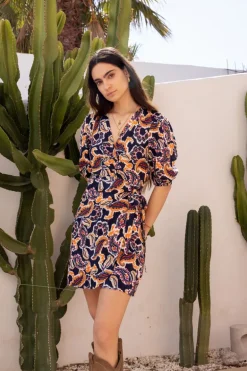 Robe Portefeuille Bleu Foncé à Imprimé Cachemire