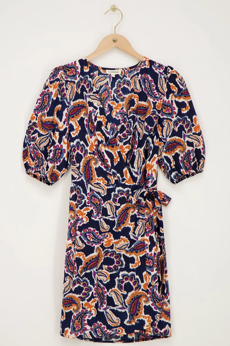 Robe Portefeuille Bleu Foncé à Imprimé Cachemire