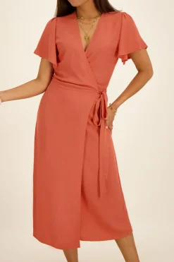Robe Portefeuille Midi Orange à Manches Chauve-souris