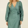 Robe Portefeuille Métallisée Verte Effet Satin