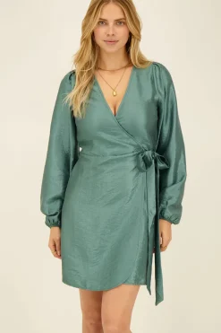 Robe Portefeuille Métallisée Verte Effet Satin