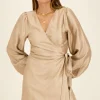 Robe Portefeuille Métallisée Beige Effet Satin