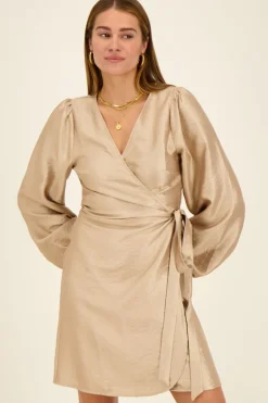 Robe Portefeuille Métallisée Beige Effet Satin