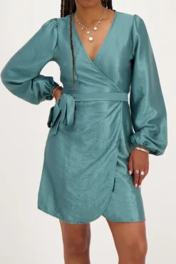 Robe Portefeuille Métallisée Verte Effet Satin