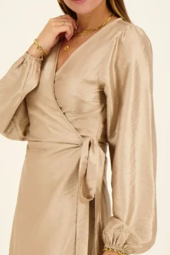 Robe Portefeuille Métallisée Beige Effet Satin