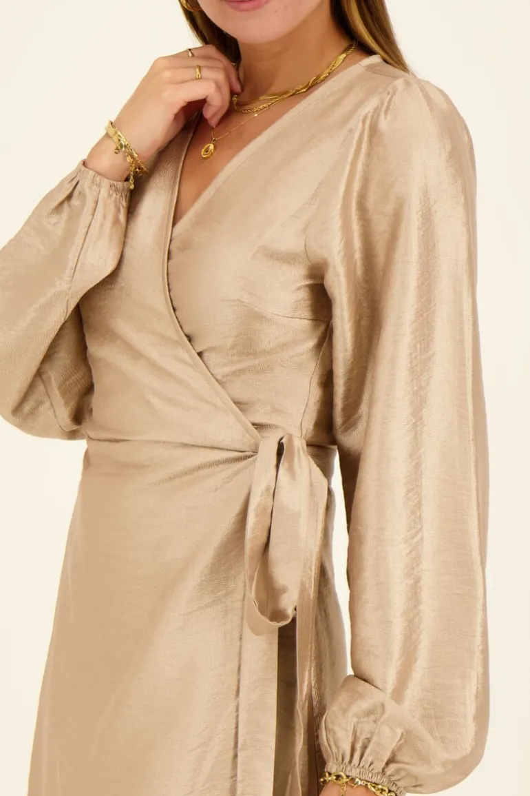 Robe Portefeuille Métallisée Beige Effet Satin