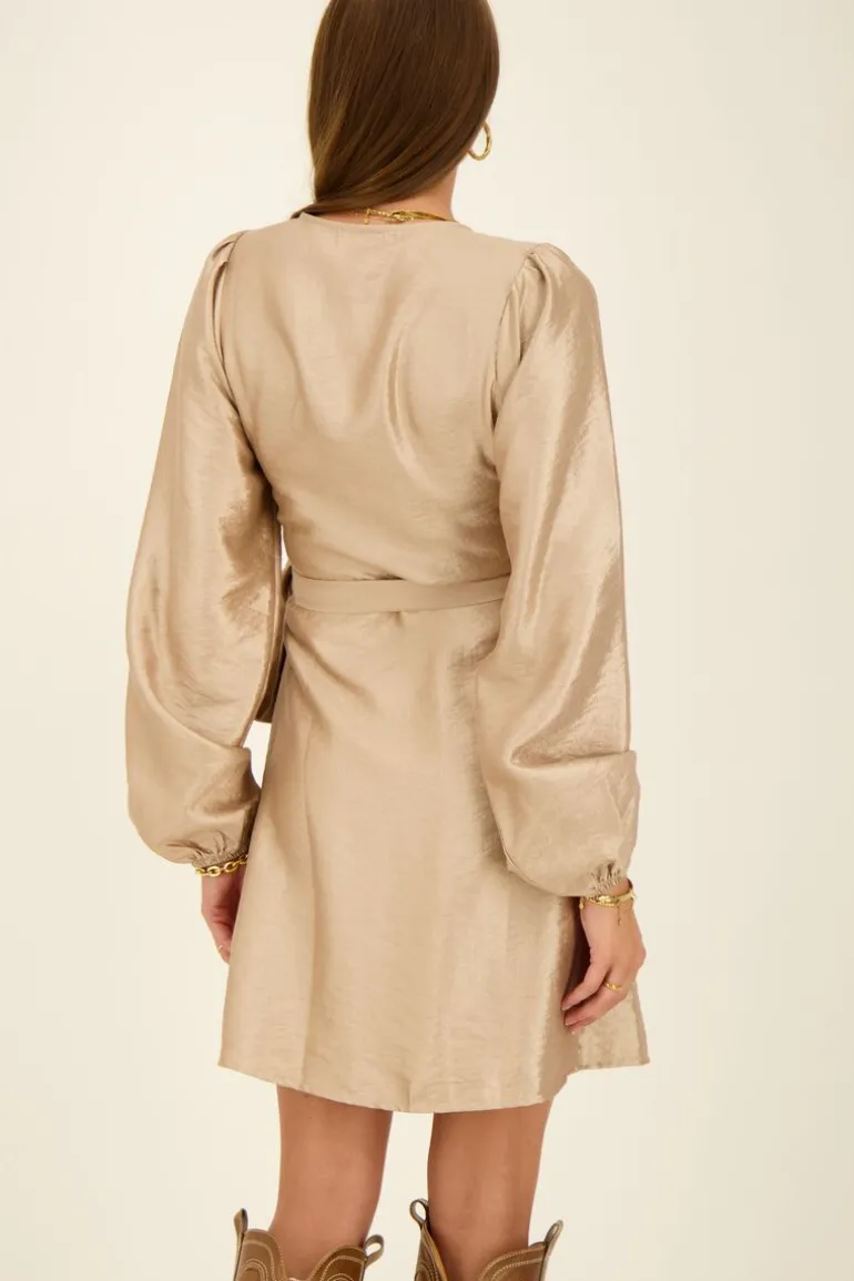Robe Portefeuille Métallisée Beige Effet Satin