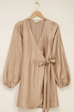 Robe Portefeuille Métallisée Beige Effet Satin