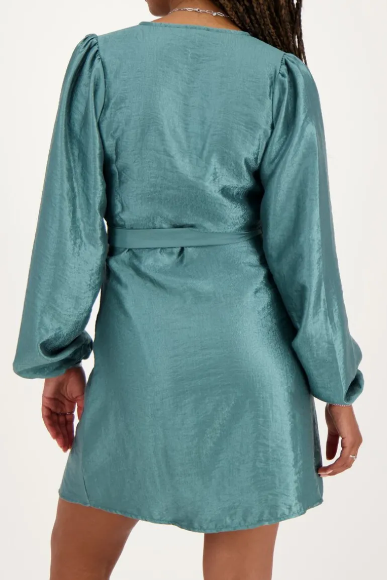 Robe Portefeuille Métallisée Verte Effet Satin