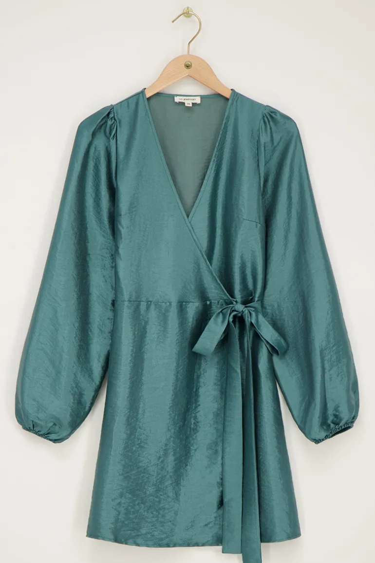 Robe Portefeuille Métallisée Verte Effet Satin