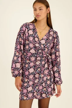 Robe Portefeuille Noire à Fleurs Lilas Et Roses