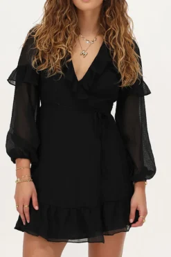 Robe Portefeuille Noire à Volants