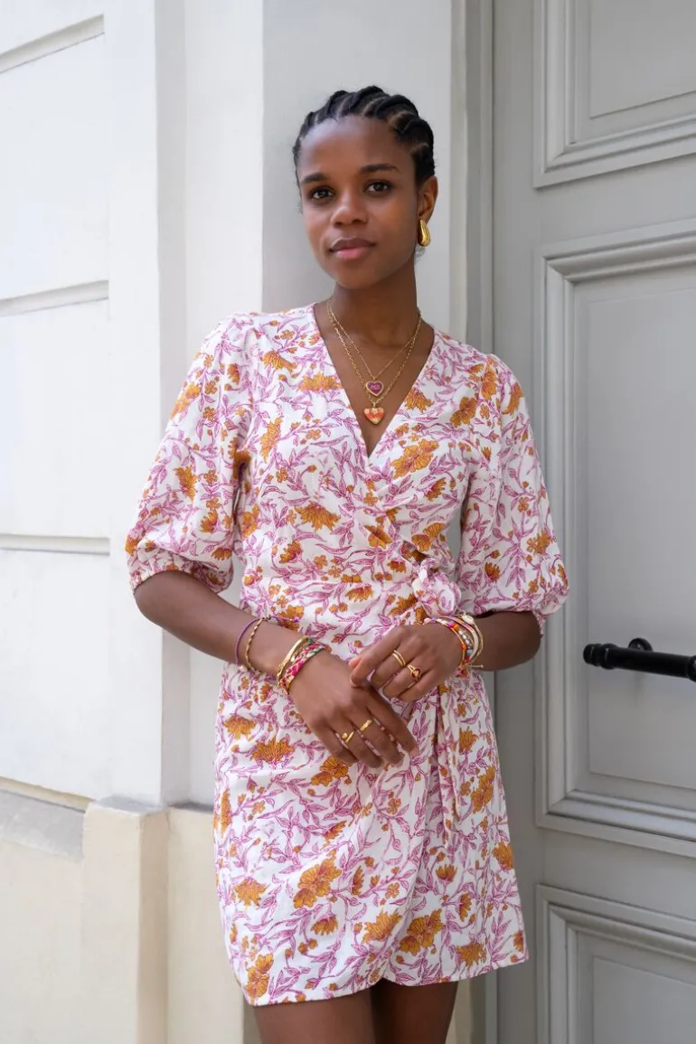 Robe Portefeuille Rose Hydrophile à Imprimé Floral