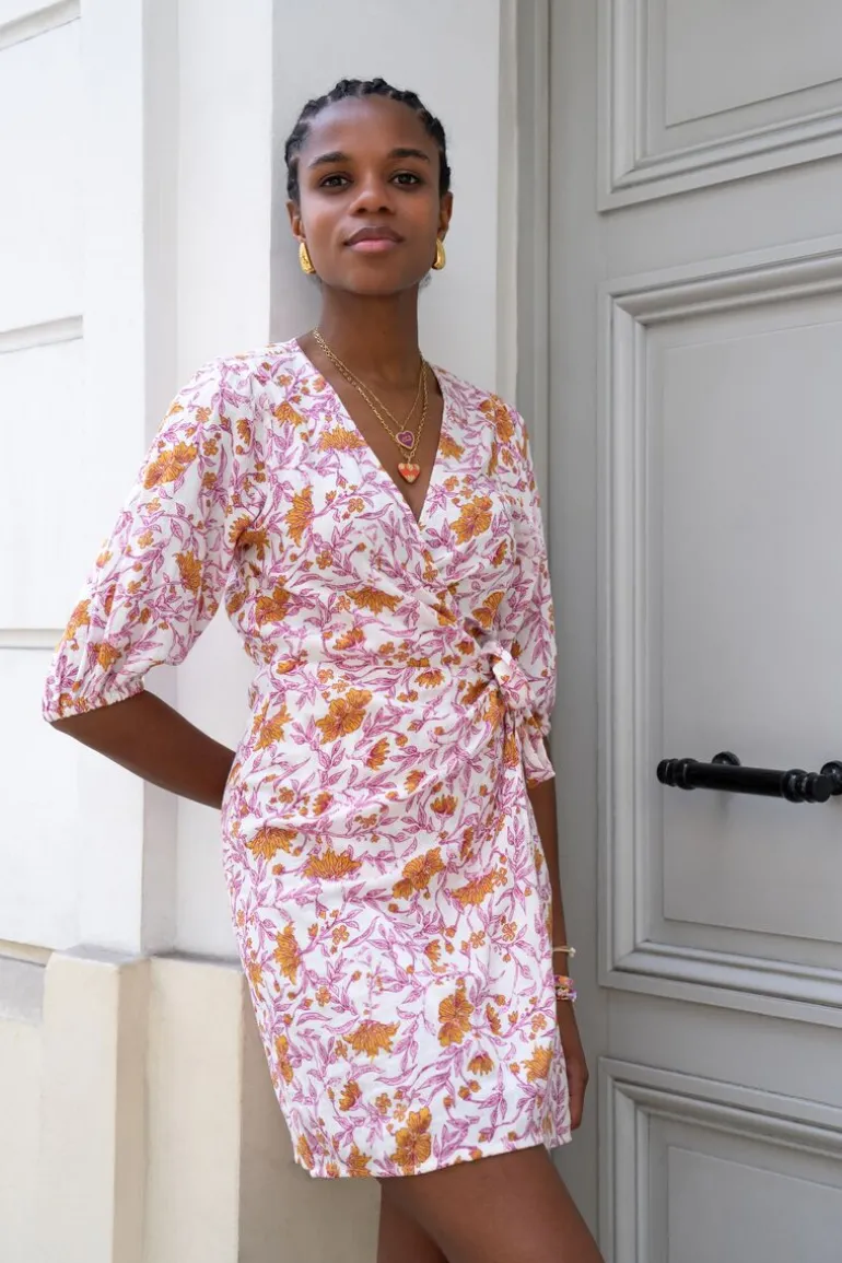 Robe Portefeuille Rose Hydrophile à Imprimé Floral