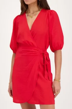 Robe Portefeuille Rouge à Manches Courtes Bouffantes