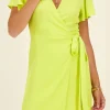 Robe Portefeuille Vert Citron à Manches Courtes