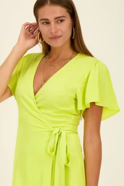 Robe Portefeuille Vert Citron à Manches Courtes