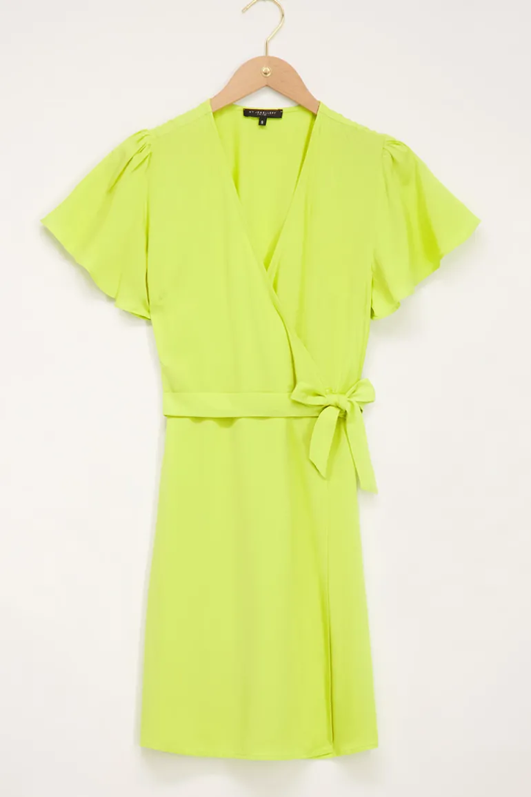 Robe Portefeuille Vert Citron à Manches Courtes