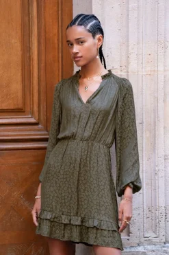 Robe Verte En Jacquard à Manches Longues