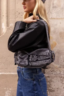Sac à Bandoulière En Denim Gris Avec Compartiments Et Fermetures éclair