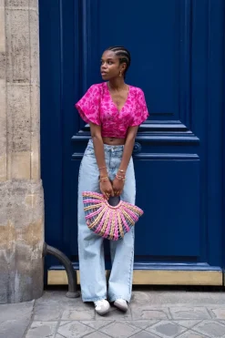 Sac à Main Tressé Beige Et Rose