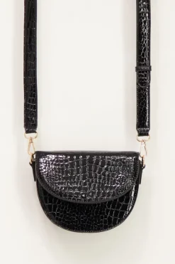 Sac Bandoulière Demi-lune Noir Effet Croco