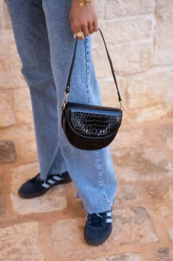 Sac Bandoulière Demi-lune Noir Effet Croco