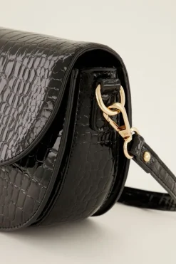 Sac Bandoulière Demi-lune Noir Effet Croco