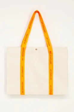 Sac Cabas En Toile Beige à Anses Orange Néon