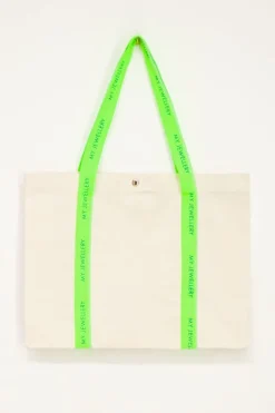 Sac Cabas En Toile Beige à Anses Vert Néon