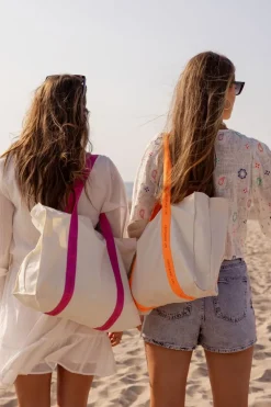 Sac Cabas En Toile Beige à Anses Roses Néon