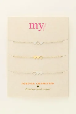 Set De 3 Bracelets à 3 Coeurs - 2 Argentés & 1 Doré